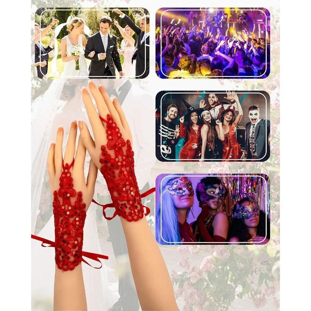 Women's Rhinestone Fingerless Red Gloves Bride Wedding Party Prom Accessories
